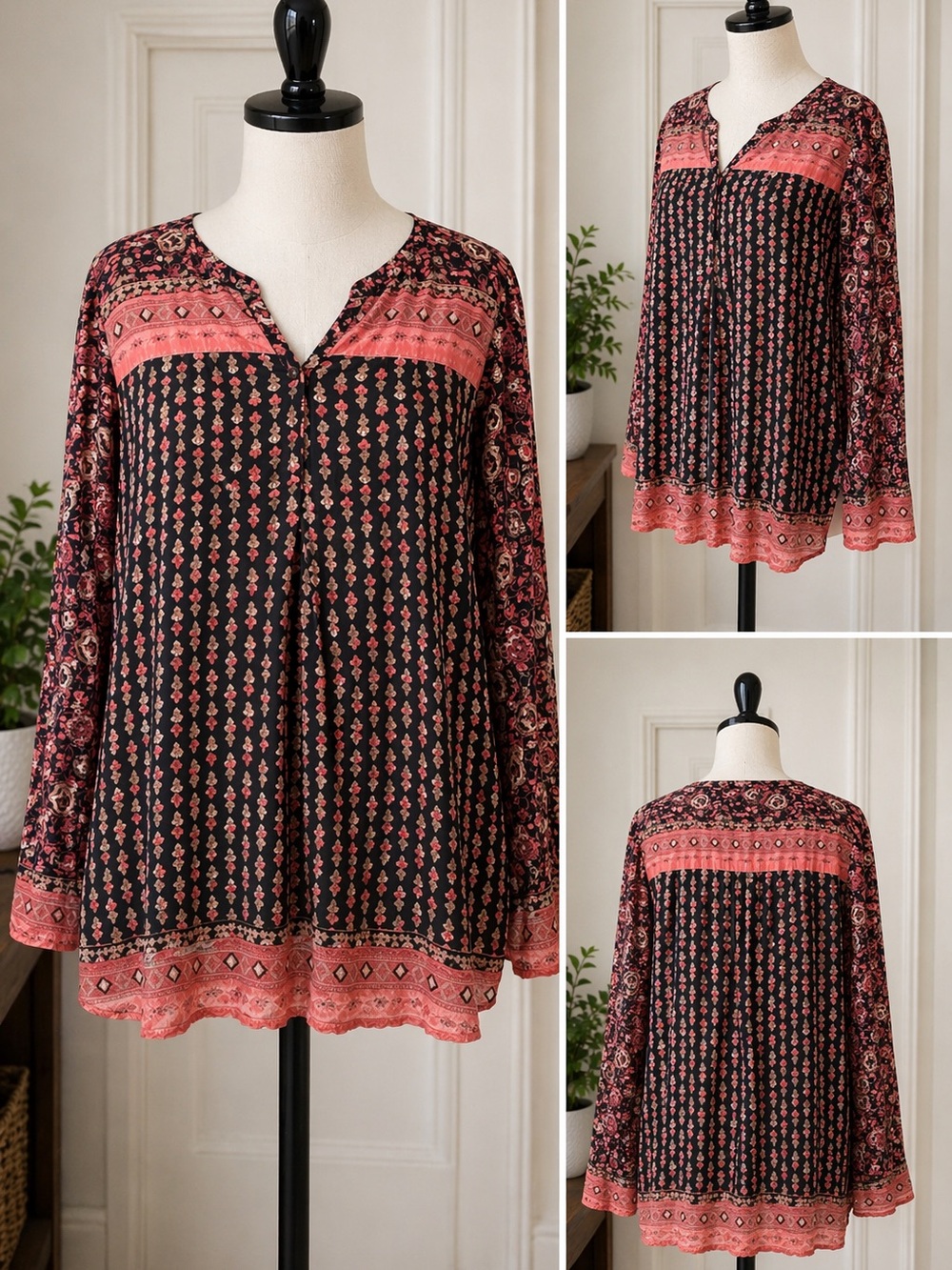 Lucky Brand Boho Floral Peasant Blouse Top XL Black Pink Long Sleeve Lightweight